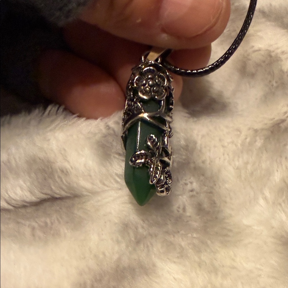 Floral Green Pendant Necklace with Silver Accents - Picture 3 of 5